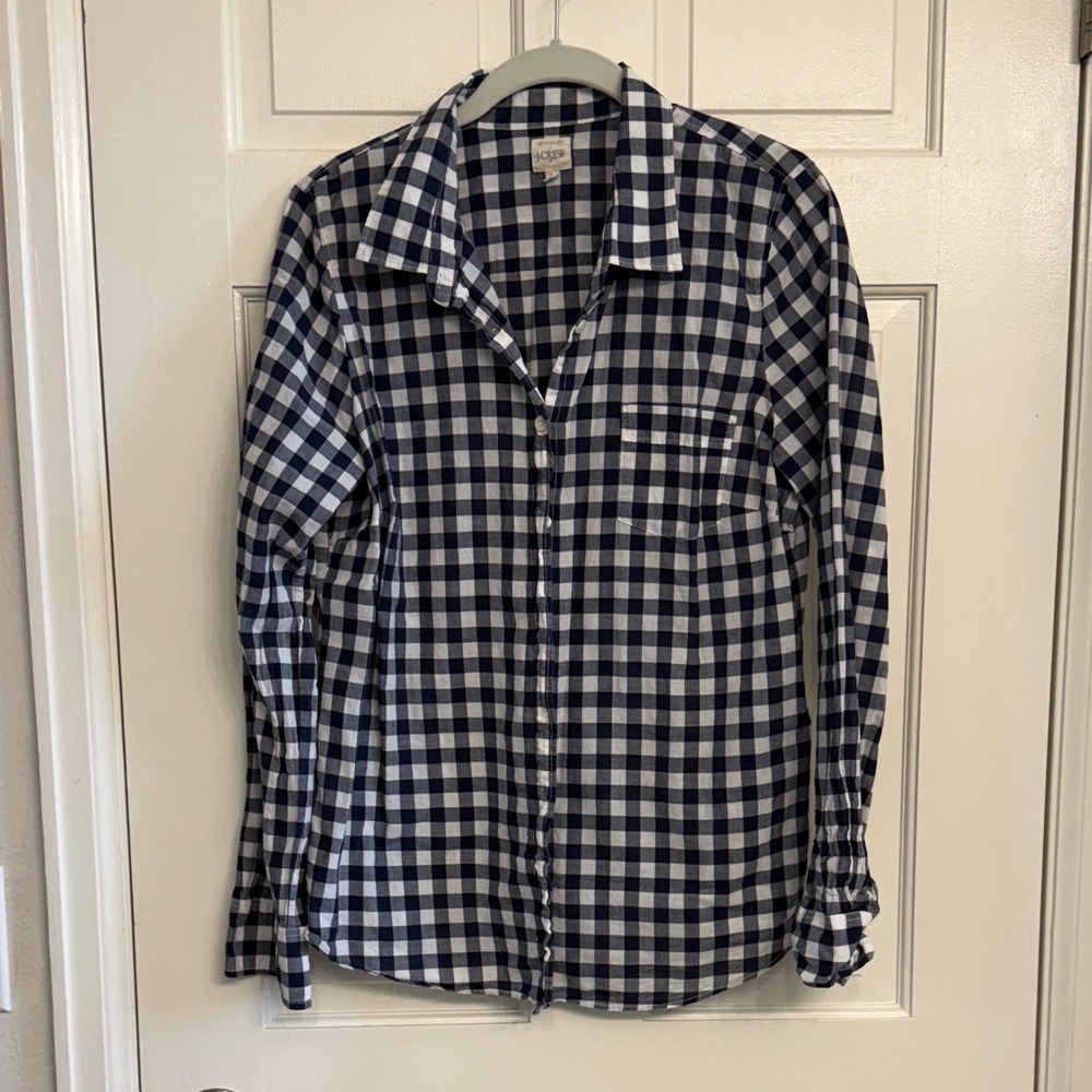 J. Crew Women's Navy and White Checkered Button Down Shirt
